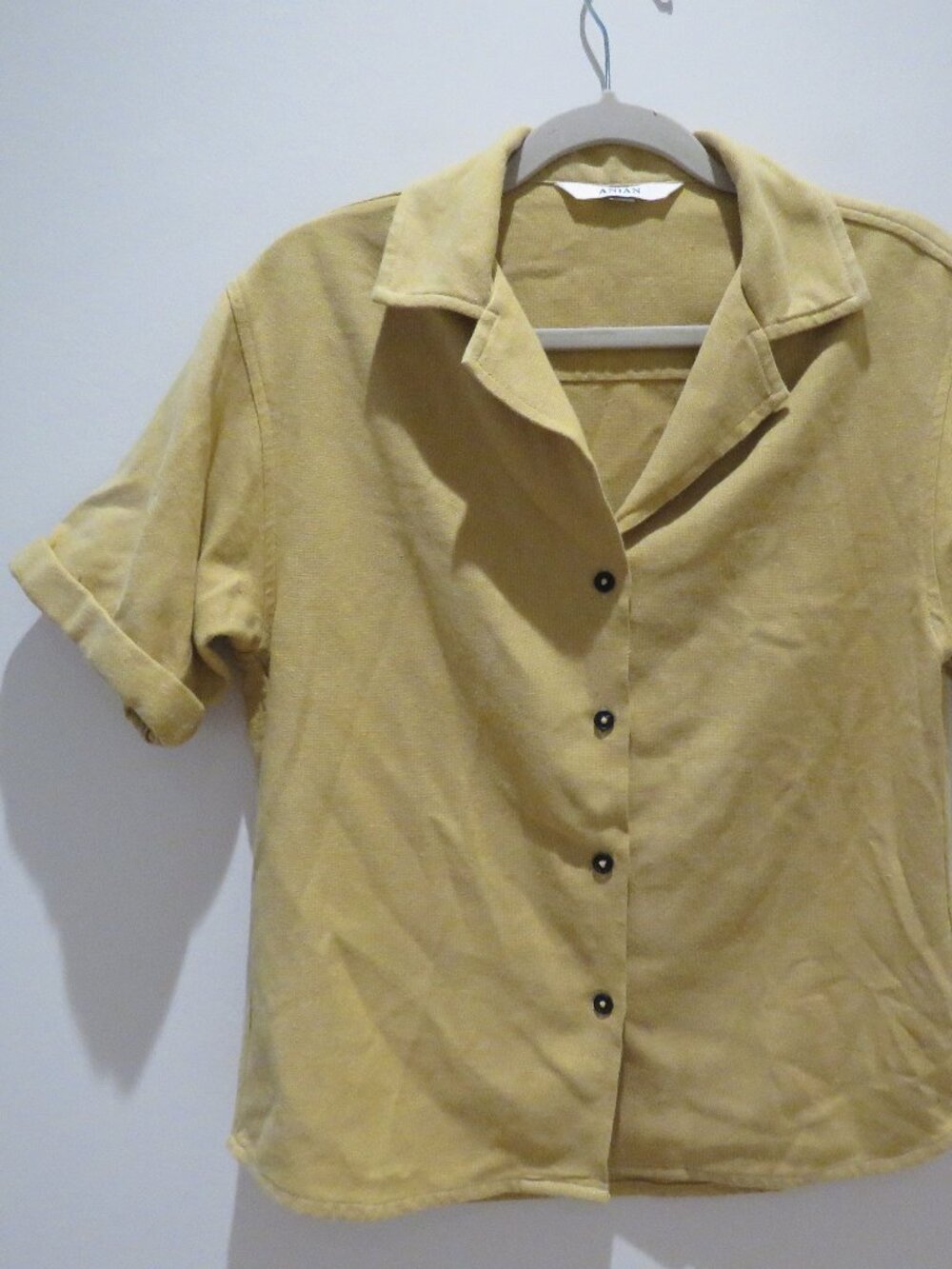 ANIAN Oxford Camp Collar Shirt Mustard Small Boxy Cropped Woven Casual Cotton - Picture 2 of 12